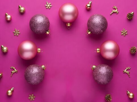 Festive christmas background with pink and purple baubles arranged on a bright pink surface