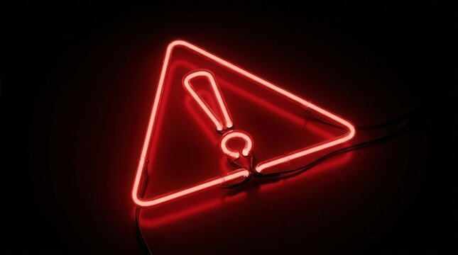 Red neon warning triangle with an exclamation mark glowing on a dark background.