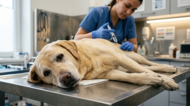 An aging labrador retriever resting on an exam table at the veterinary clinic.