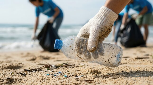 A gloved hand picking up a plastic bottle from the sand during a beach cleanup.