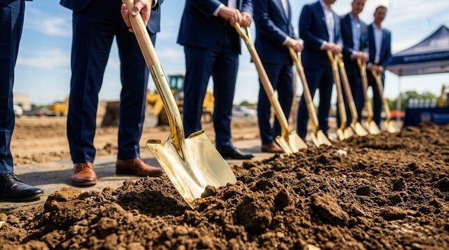 Businessmen in suits using golden shovels to break ground at a construction site.