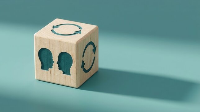 Wooden cube with profile heads and circular arrows representing communication exchange.