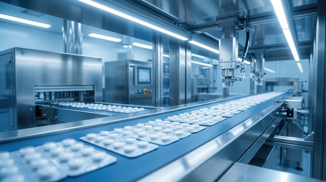 Automated conveyor belt packaging medical tablets in blister packs on a high-tech pharmaceutical manufacturing line.