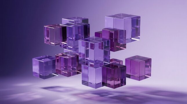 Abstract purple glass cubes 3d render featuring geometric shapes in a futuristic design.