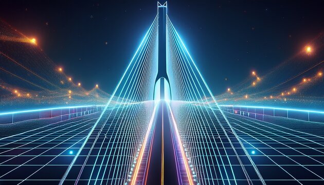 futuristic digital wireframe of suspension bridge at night with glowing city lights