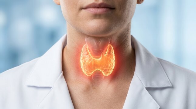 Medical illustration of a woman's neck with a glowing thyroid gland for endocrinology health.