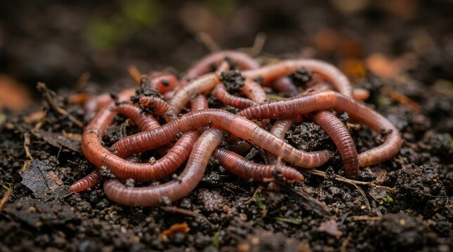 Macro shot of red earthworms wriggling in a pile on damp dark soil.