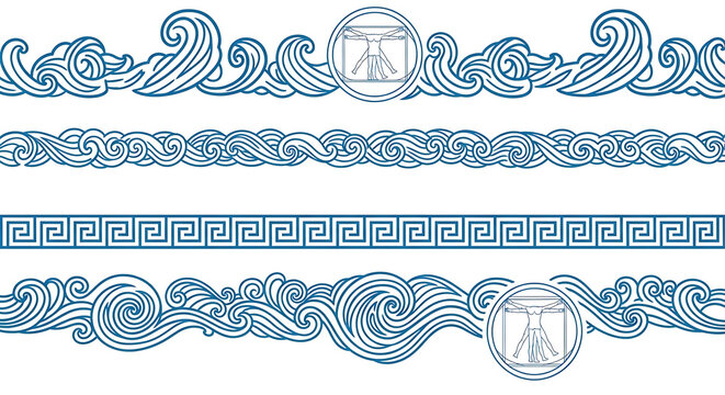 Blue Greek pattern collection with ocean wave motifs the Vitruvian man symbol nautical border designs and a seamless meander line