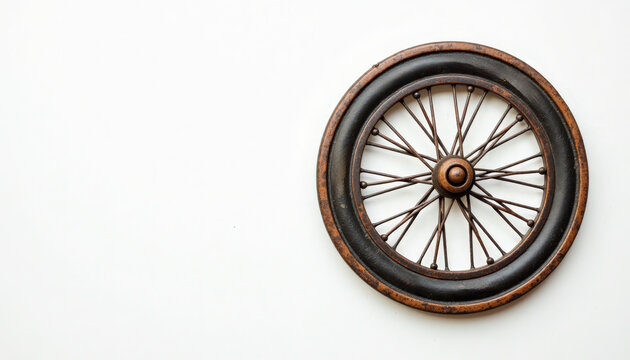 Vintage bicycle wheel with wooden rim, metal spokes and rusted tire photographed on white background. Concept of transportation history, restoration, or home decor and industrial design uses.