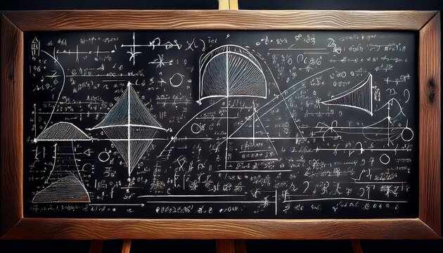 complex mathematical equations on blackboard with chalk writings