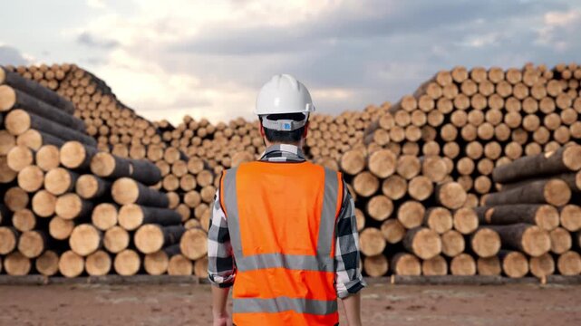 Back of Asian Male Engineer Walking with Stacked timber logs pile at outdoor lumber yard