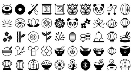 Fototapeta premium Set of sixty black and white representing chinese culture and lunar new year symbols