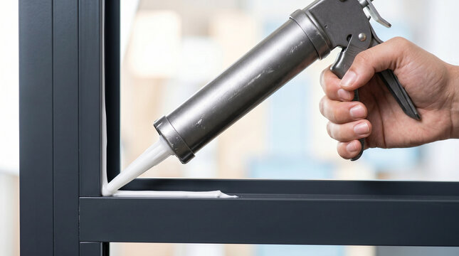 Macro of metal caulking gun applying white sealant to dark window frame  