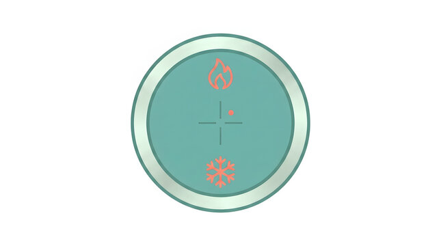 Round teal thermostat dial featuring orange fire and snowflake icons