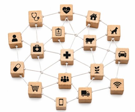 Wooden blocks with business icons connected by lines forming a network