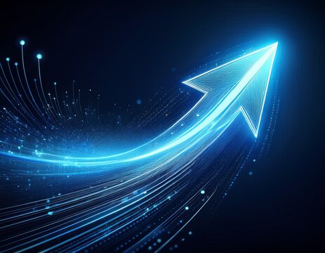 abstract blue arrow of light particles digital speed and data flow concept