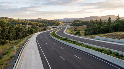 Obraz premium Scenic Mountain Highway Road Through Green Countryside Under a Dramatic Sky with Open Asphalt Route for Travel and Adventure