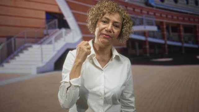 Hispanic middle age woman with curly hair makes a beckoning fist gesture toward the camera outside a public building; determination.