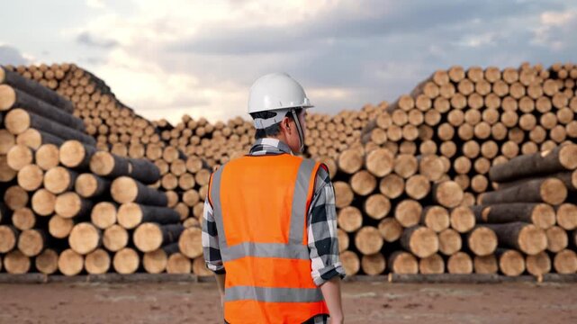 Back of Asian Male Engineer Walking with Stacked timber logs pile at outdoor lumber yard