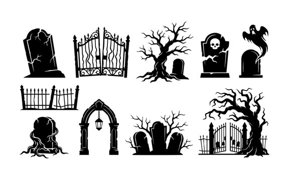 Collection of spooky graveyard elements including tombstones gates and dead trees for halloween design projects