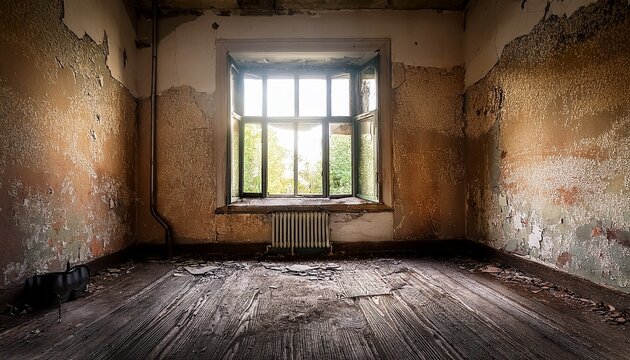 an empty weathered room with cracked walls a small window and exposed pipes showing signs of decay