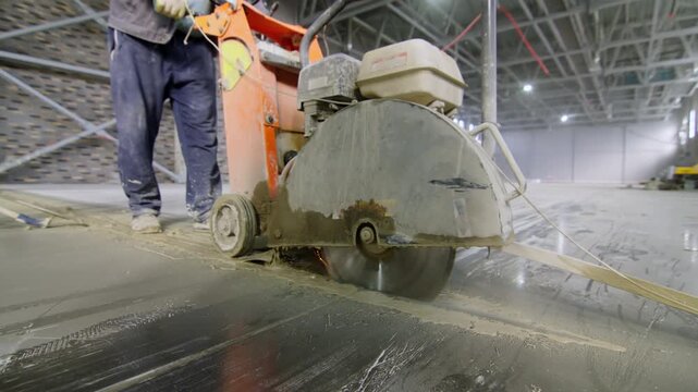 Concrete floor saw cuts smooth expansion joint line across building ground. Worker operates equipment during floor installation process
