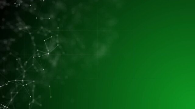 Futuristic Green Technology Grid and Network Abstract Background featuring glowing network nodes, connected lines, subtle particles, digital grid elements, and soft green light creating a futuristic d