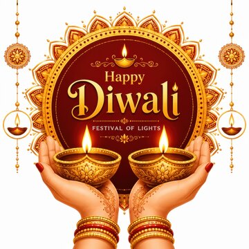 Hands holding glowing oil lamps for Happy Diwali festival celebration