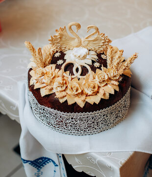 Traditional Ukrainian Wedding Korovai with Swans, Rings, Roses and Wheat