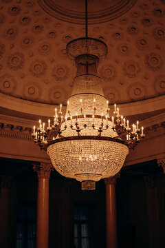 Luxury Crystal Chandelier in Grand Hall with Domed Ceiling