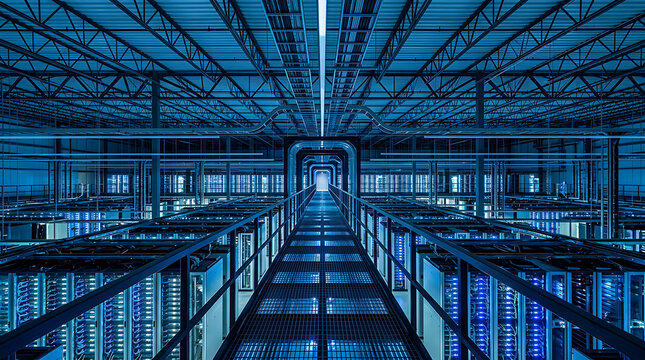 High angle view of industrial server room data center with metal walkways digital transformation infrastructure technology computing industrial