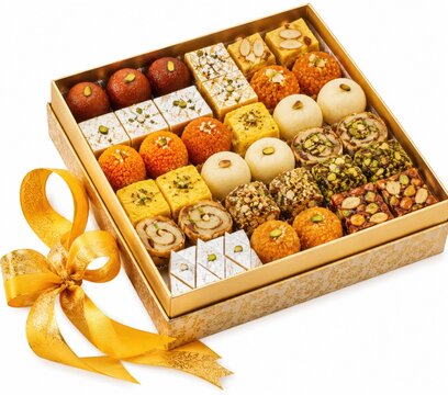 Box of assorted Indian sweets with a golden ribbon