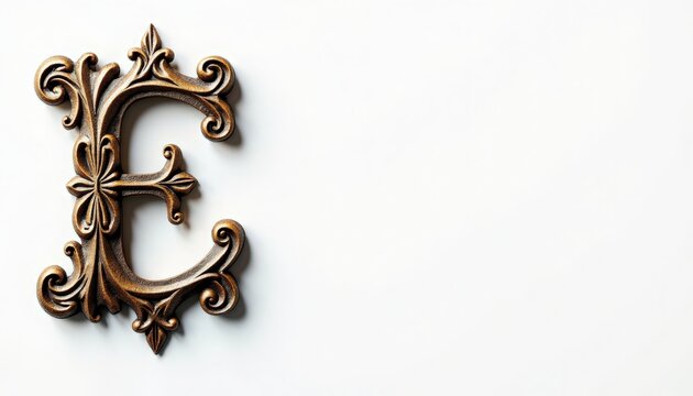 Ornate decorative letter E on white background, metallic filigree monogram with vintage scrollwork. Concept of typography, monogram design, branding or interior decor.