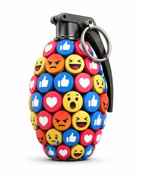 Hand grenade made of social media reaction icons and emojis