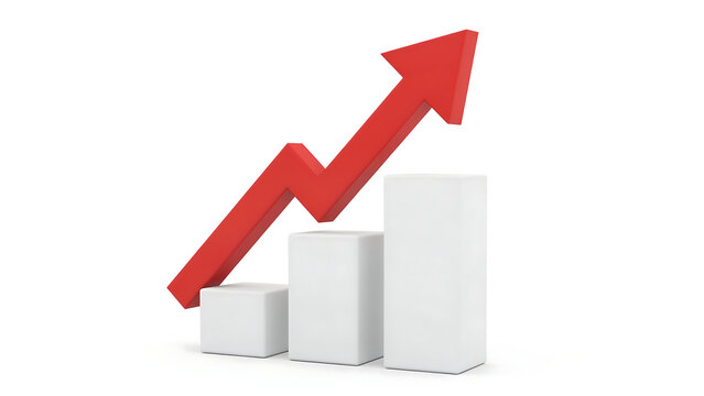 3D bar graph with rising red arrow showing business growth and success, business