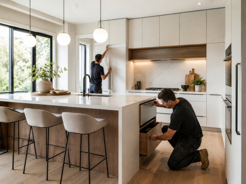 Trabajadores en una cocina moderna realizando tareas de instalaci&oacute;n y ajuste