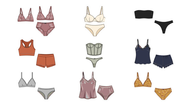  Women lingerie sets vector illustration featuring fashion underwear collection with mix and match bras panties camisoles lace bralettes and sleepwear garments