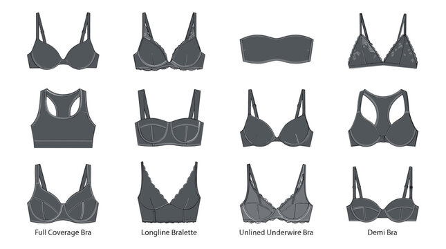 Women underwear bra types vector icon set illustration featuring full coverage longline bralette unlined underwire demi strapless and sports bras collection.