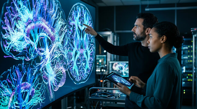 Data scientists analyzing brain neural network visualization on large touchscreen display with research scientists visualization technology