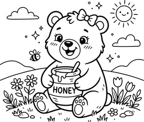 Cute bear cub holding a honey pot with flowers and sun isolated on transparent background