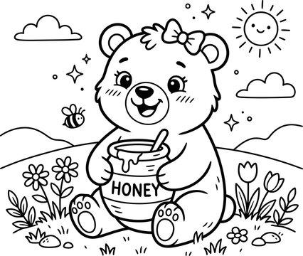 Cute bear cub holding a honey pot with flowers and sun isolated on transparent background