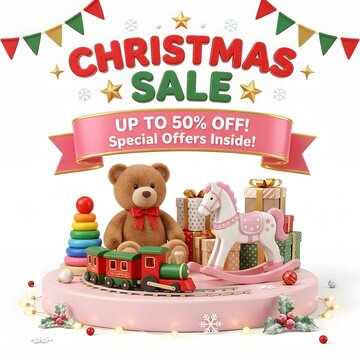 Christmas sale promotional banner featuring a teddy bear and various toys for holiday shopping