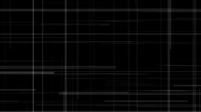 Abstract glowing white line grid animation overlay, digital cyber tech matrix wireframe visual backdrop, modern HUD network interface element for video on dark black background. 4k video