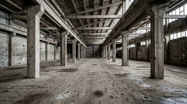 Abandoned industrial warehouse interior with concrete columns and dusty floor