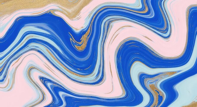 Elegant abstract marble background featuring swirling veins of royal blue, soft pastel pink, and shimmering metallic gold in a fluid flow, design, background, aesthetic