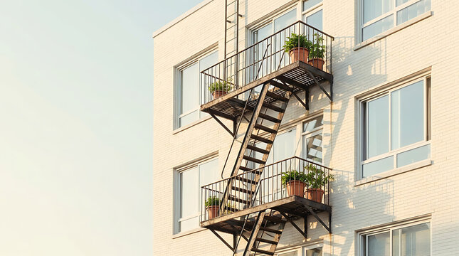 Vintage apartment fire escape stairs with flower pots in urban setting  