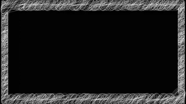 Abstract white pencil scribble border animation loop, hand drawn sketchy line frame overlay for content creation, artistic grunge margin template for photo layout on solid black background. 4k video