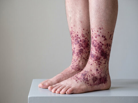 Cutaneous Vasculitis Palpable Purpura Raised Purple Spots on Adult Lower Legs, Small Vessel Inflammation Medical Photograph