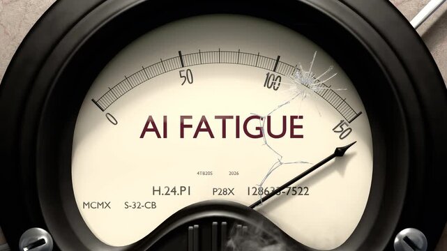 Ai fatigue meter showing big levels of ai fatigue. Dangerously increasing high values of ai fatigue, critical overload. Too much, off the charts. Max ai fatigue