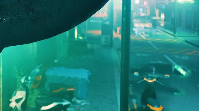 A view of a street at night filled with neon lights. Cars are parked along the road. Trash and urban debris are scattered around. The atmosphere feels alive with activity.